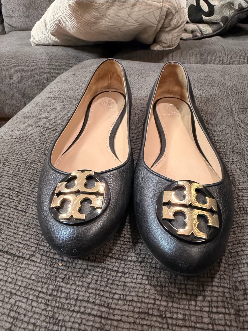 Tory Burch Black Leather Ballet Flats with Gold Logo Medallion